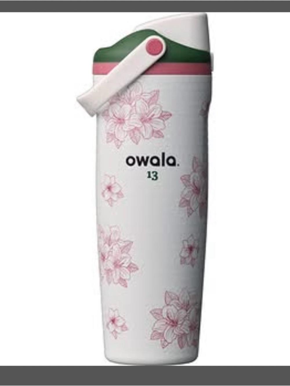 Owala Azalea Mast13 Floral Travel Tumbler in White with Pink Flowers & Green Lid